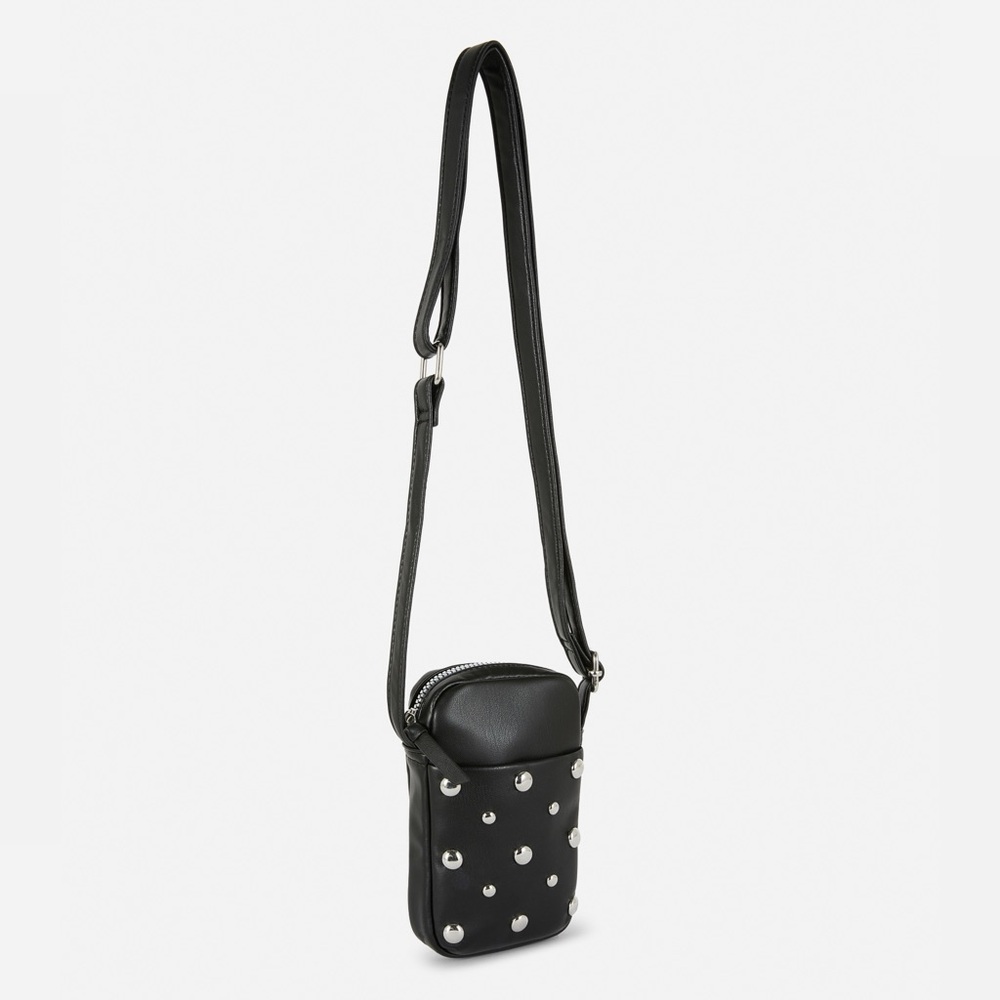 🆕 Black Studded Vegan Leather Zippered Crossbody Phone Bag